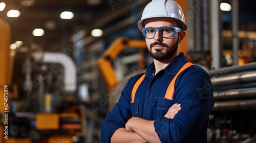 Wallpaper Mural Focused engineer in safety goggles and hard hat, analyzing blueprint with pen. Surrounded by complex machinery, showcasing expertise and problem-solving skills in industrial construction. Torontodigital.ca
