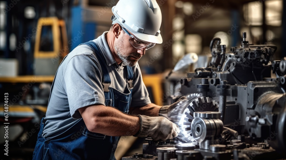 Focused engineer in workshop, wearing safety goggles and a protective helmet, working meticulously with tools and machinery on a mechanical device Focused engineer in workshop, wearing safety goggles and a protective helmet, working meticulously with tools and machinery on a mechanical device