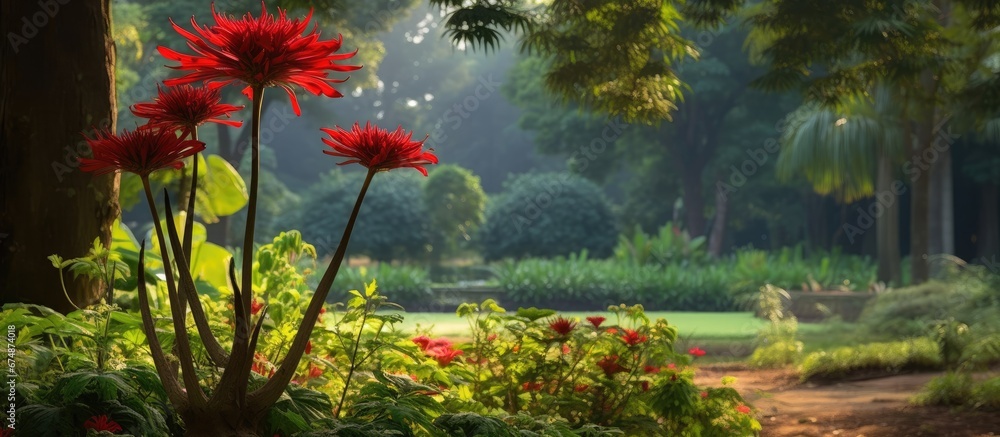 In the enchanting garden a beautiful Indian flower with a vibrant red color blooms against a backdrop of lush green grass and towering trees The colorful leaves dance in the breeze while var