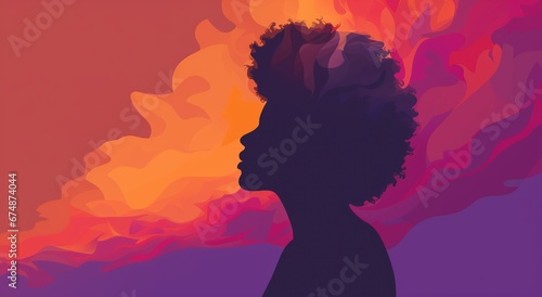 Abstract silhouette of a woman figure blending dark purple and light orange colors. Intriguing, vibrant, and contrasting, this artistic composition captures the beauty of shape, form, and shadow.