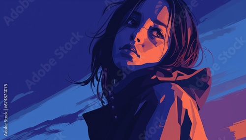 Simplistic vector art of a girl's face expression. This dark violet and sky-blue image evokes a sense of annoyance