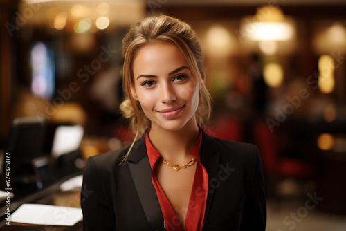 female concierge at exclusive hotel during christmas time