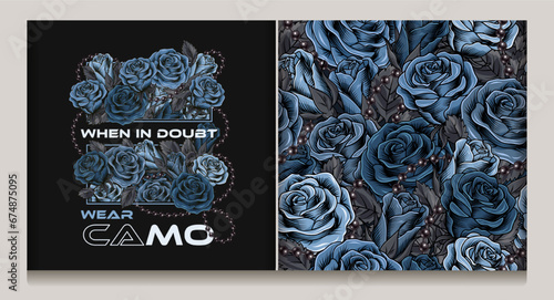 Blue camouflage label, pattern with lush blooming roses, gray leaves, strings of beads, text Wear Camo. Vintage style. For sport goods, textile design. Not AI