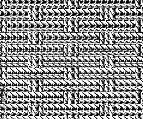 Seamless black and white pattern with tight, dense interwoven ropes. Mat, rug with traditional basket weave. Vintage style. Not AI
