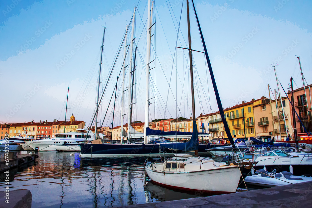 Amazing sunset view on sailboats in harbor of  Saint-Tropez on French Riviera .