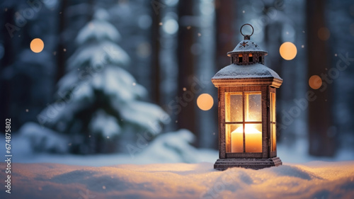 Christmas candle lantern in snow against blurred forest background.