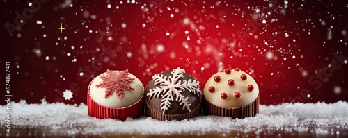 christmas cupcakes on red background  delicious dessert on christmas day