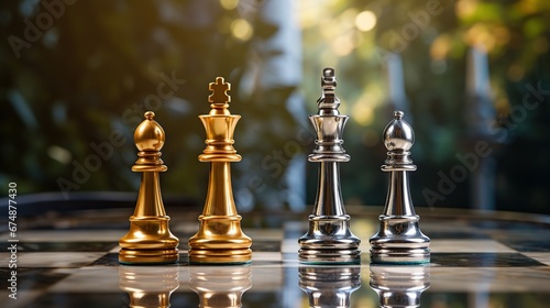 Leader or winner / conqueror concept : Side view of gold / golden king chess piece with silver knight and bishop nearby, on a black white 8x8 grid chessboard. Chess is a two player strategy board game