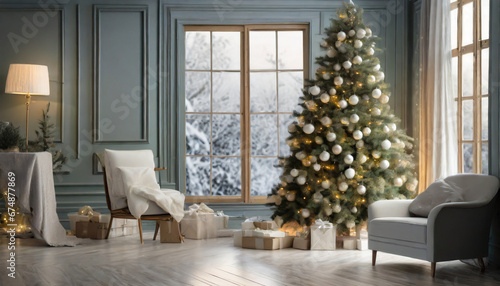 Christmas tree and gifts. Christmas decoration. 
