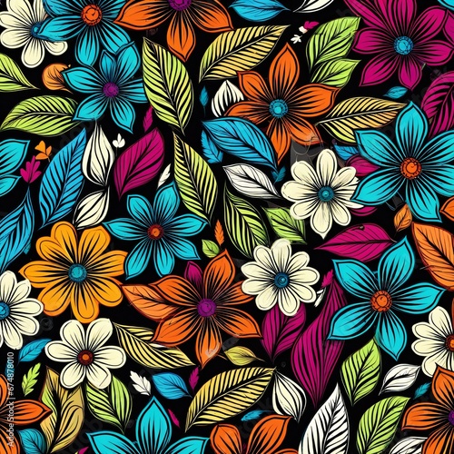 a colorful flower pattern on a black background