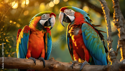 Colorful  parrots on a branch. Blue and yellow macaw ara on the bokeh  background . © Karo