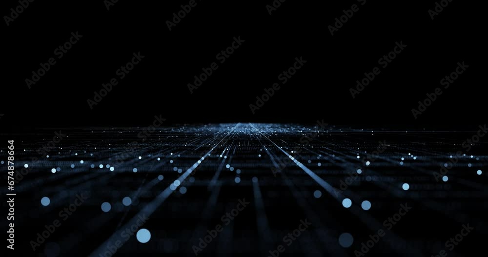 Digital technology cyberspace road network with connected dots lines loop motion on clean black copy space background.