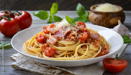Italian food , spaghetti with tomato sauce and basil