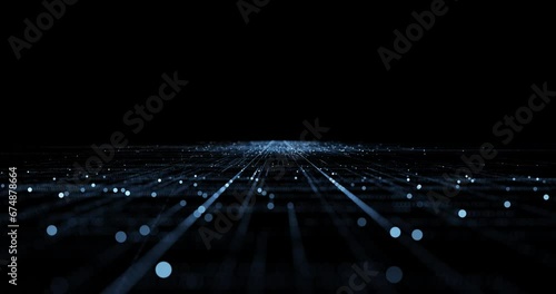 Digital technology cyberspace road network with connected dots lines loop motion on clean black copy space background. photo