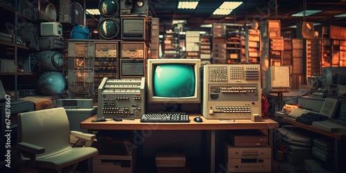 A 90's tech office with boxy computer monitors, floppy disks scattered on desks photo