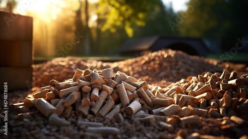 Ground level of heap of compressed wood pellets stacked on floor near chopped firewood of various types with green leaves and biomass briquettes in sunlight photo