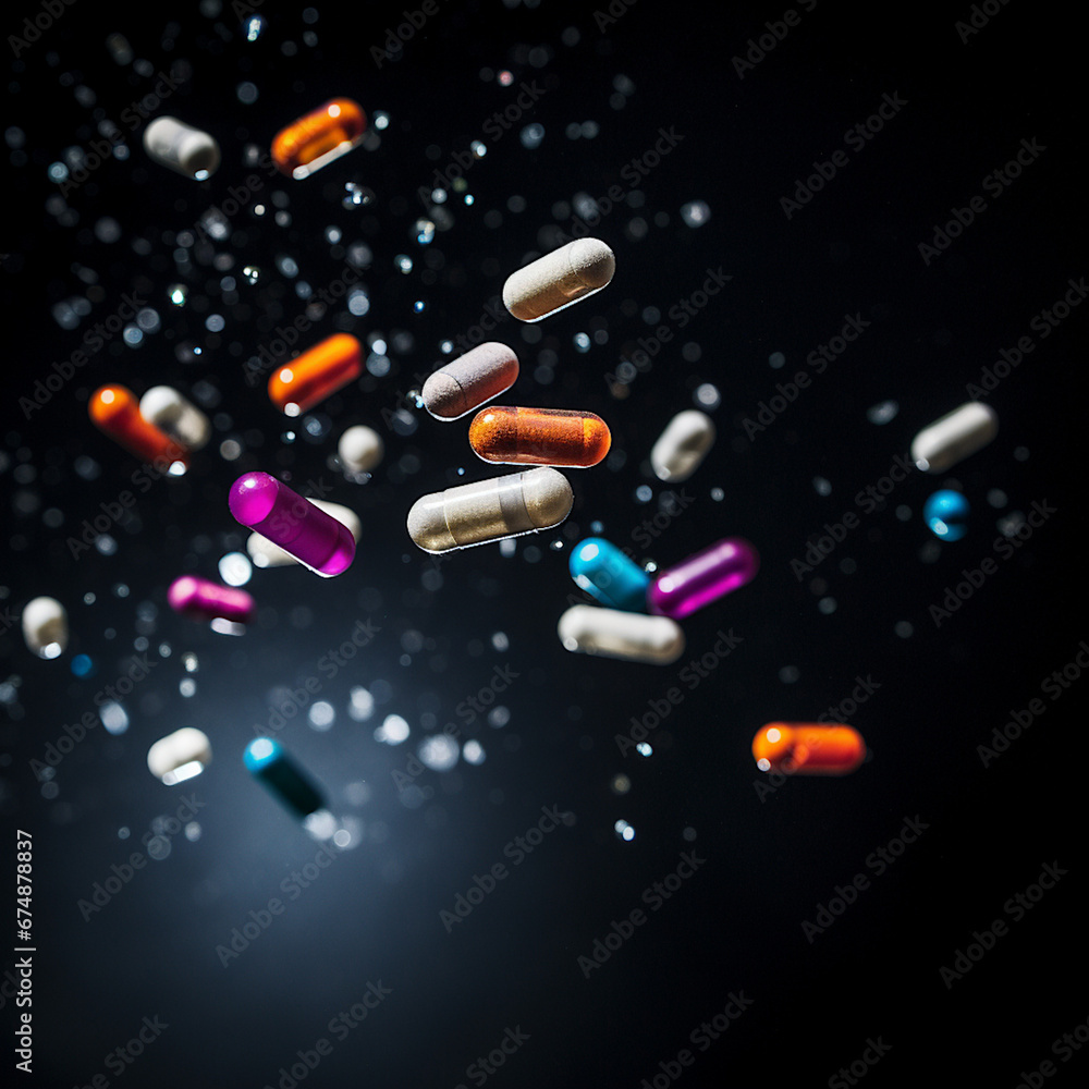 Pills with vibrant colors falling against dark background Pills with vibrant colors falling against dark background