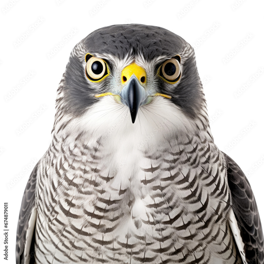 Fototapeta premium Close-Up of Falcon with Sharp Eyes Isolated on White Background, Bird of Prey