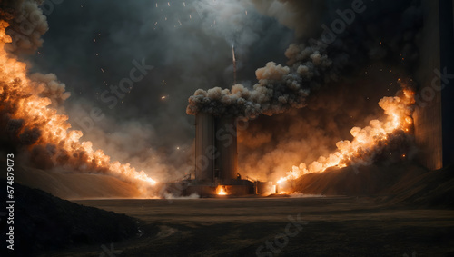 A missile launch sequence at a secretive underground silo, with flames and smoke erupting from the ground.