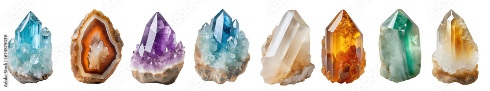 Obraz na płótnie Collection of crystals isolated on transparent background.  Precious and semi-precious stones. w salonie