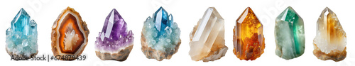 Collection of crystals isolated on transparent background.  Precious and semi-precious stones.