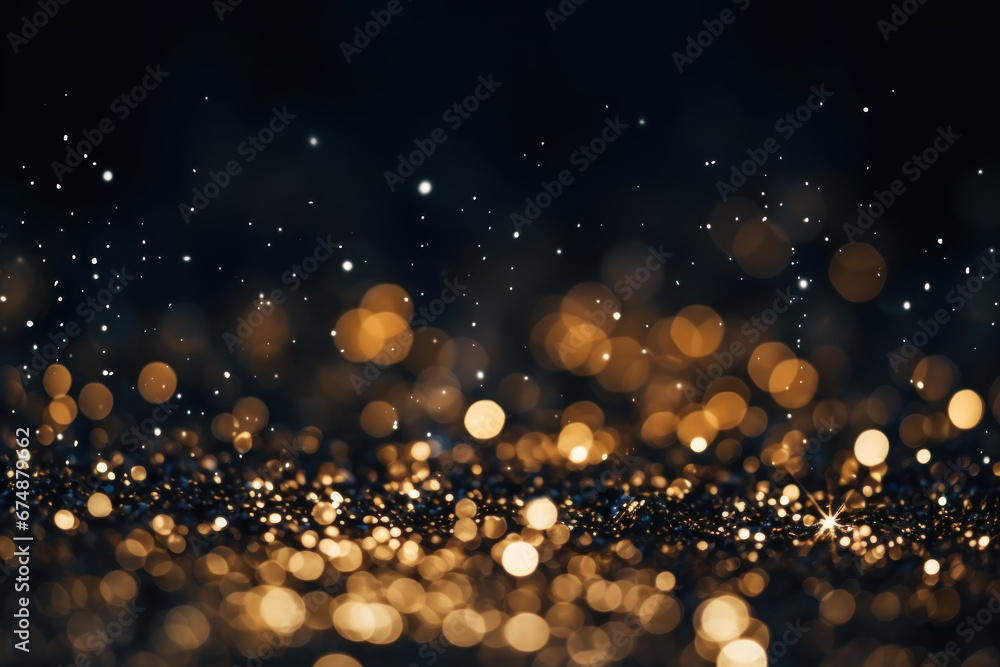 Golden christmas glittering particles with bokeh for a holiday on black background. Shiny golden New Year lights - obrazy, fototapety, plakaty 