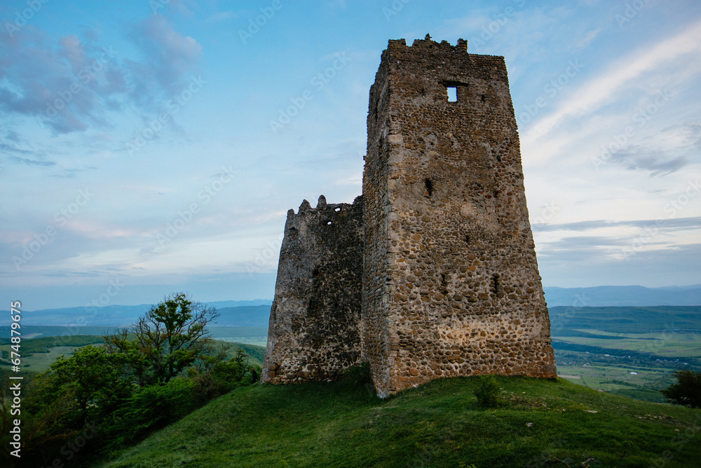 Ancient old fortress. Skhvilo Castle ruin in mountains
