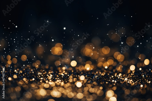 Golden christmas glittering particles with bokeh for a holiday on black background. Shiny golden New Year lights