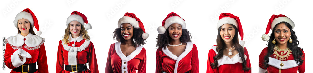 Collection of caucasian, black, asian and indian female Santa Claus illustration isolated on transparent background. Beautiful sexy girls wearing Santa Claus clothes. Collection of caucasian, black, asian and indian female Santa Claus illustration isolated on transparent background. Beautiful sexy girls wearing Santa Claus clothes.
