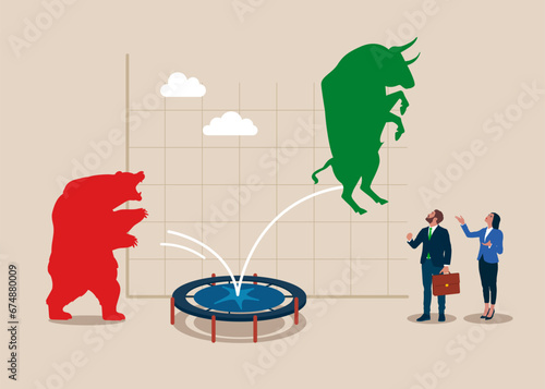 Bull bounce back on the trampoline rising up on price graph. Global economy boom. Bear and Bull fighting.  Modern vector illustration in flat style