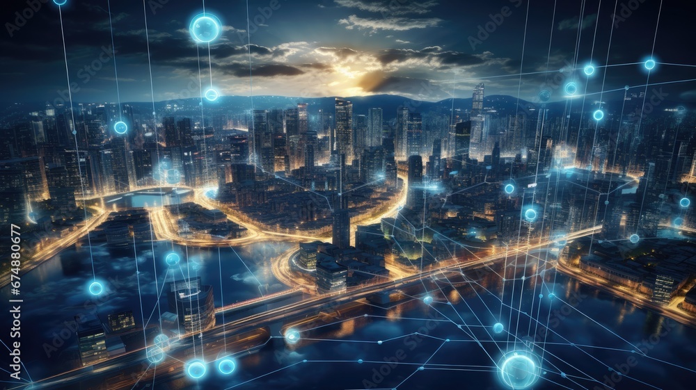a smart city and its advanced communication network, the integration of 5G technology and Low Power Wide Area solutions, emphasizing wireless communication as a cornerstone of urban innovation.