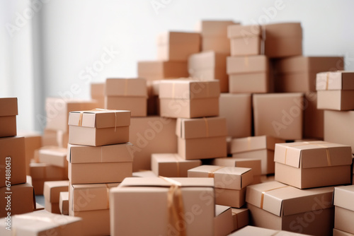 Huge pile of cardboard plain boxes on white background. Lots of of simple boxes large stack