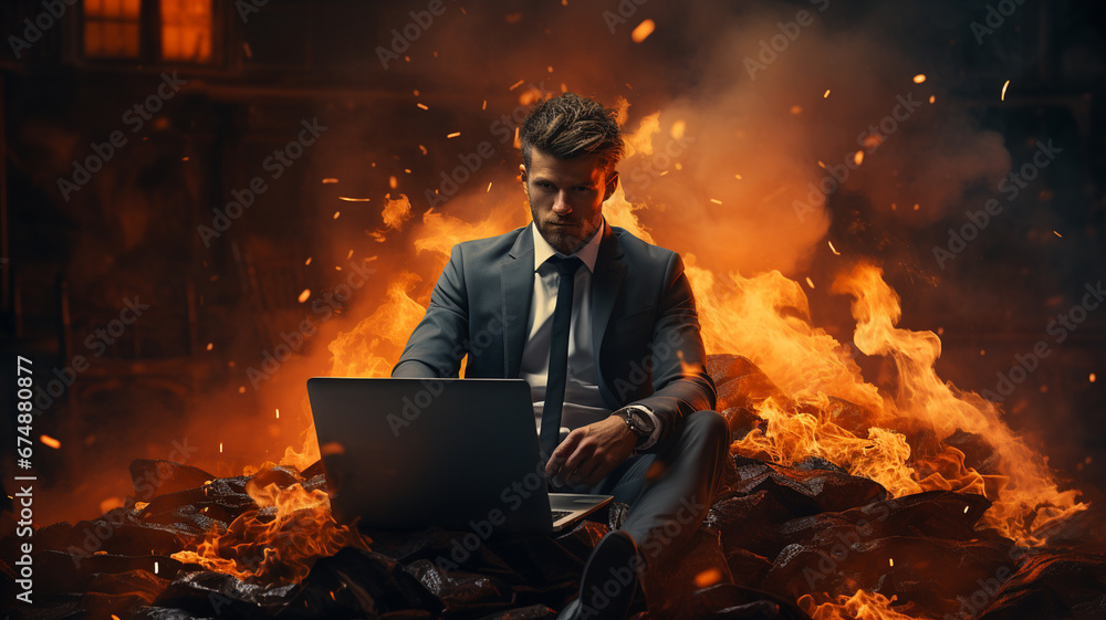 young man with a laptop in a night office against the background of a fire. night work concept young man with a laptop in a night office against the background of a fire. night work concept
