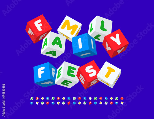 Vector playful poster Family Fest. Colorful isometric Font. 3D cubed Alphabet Letters and Numbers set