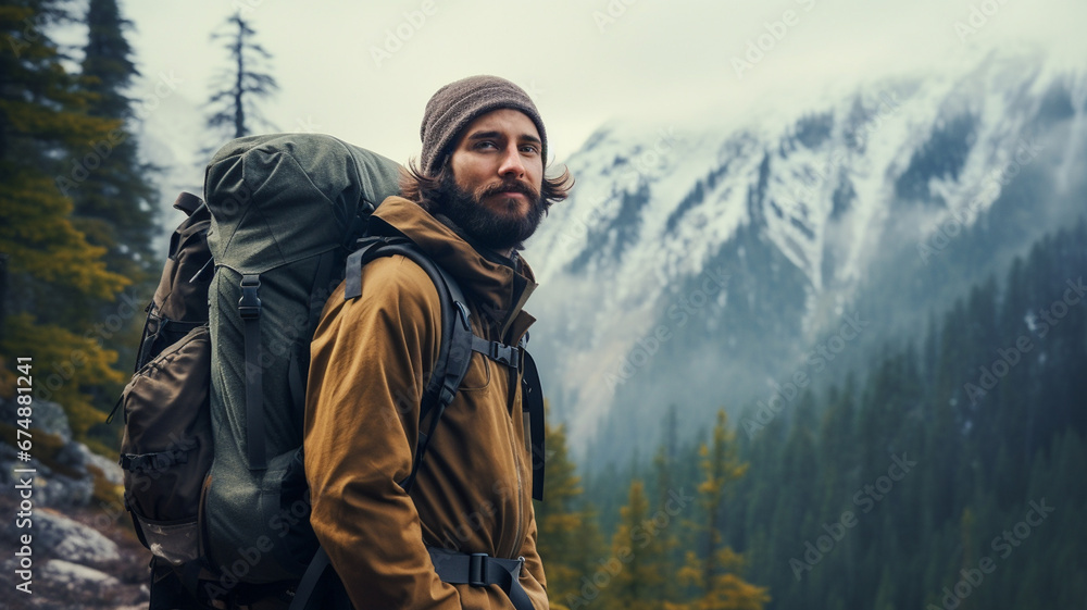 man with backpack hiking in mountains