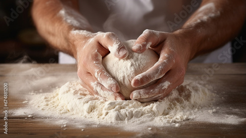 man kneads dough in the kitchen
