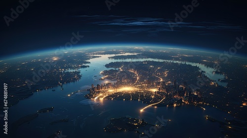a mesmerizing night globe with city lights illuminating the Earth's surface, vividly represent human activity on our planet, drawing inspiration from NASA's iconic elements.