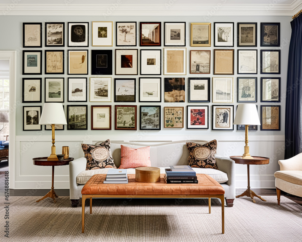 Gallery wall, home decor and wall art over sofa, framed art in modern