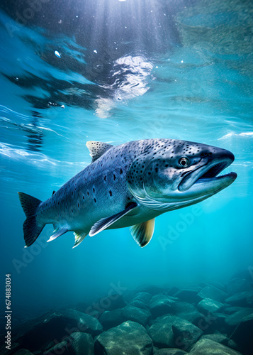 Salmon swimming in the Alaskan river. Underneath the surface shot. Ai Generative