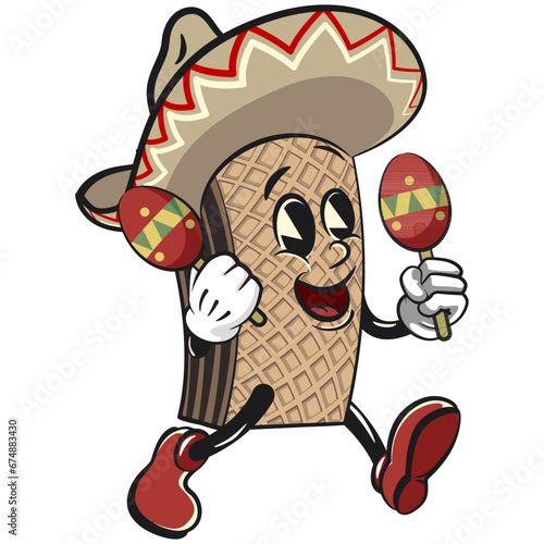 vintage chocolate wafer mascot character with a funny face wearing a sombrero hat and playing with maracas, isolated cartoon vector illustration. emoticon, cute vintage wafer mascot