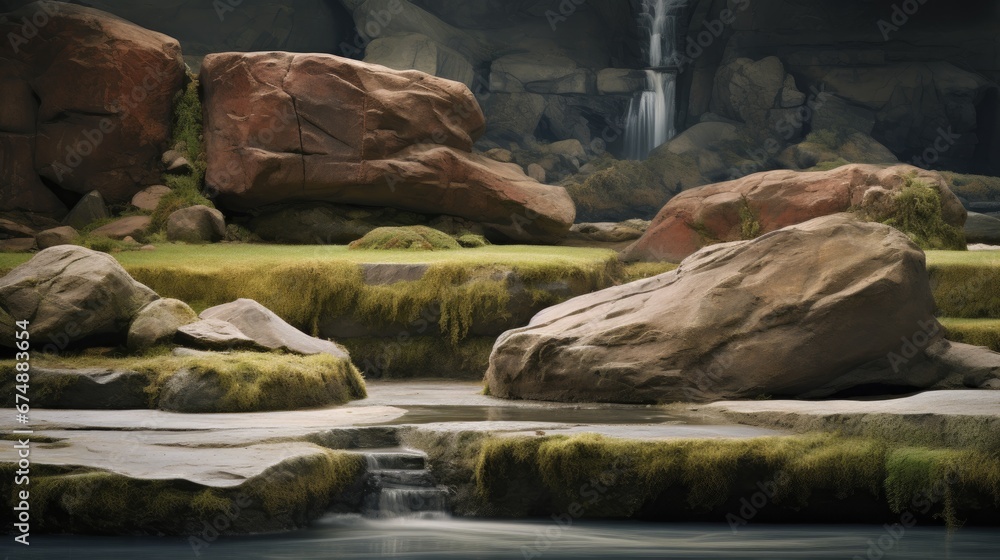 Contrasting textures of a moss covered rock and a smooth flowing stream Contrasting textures of a moss covered rock and a smooth flowing stream