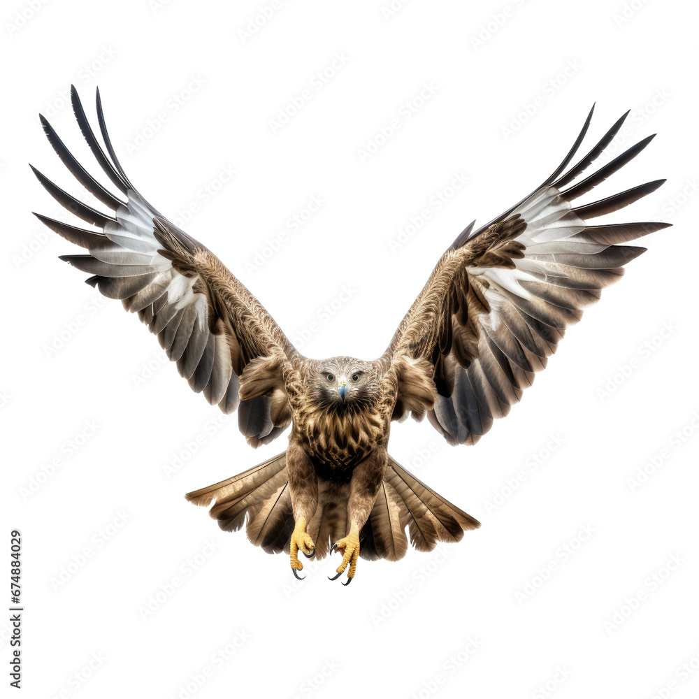 Fototapeta premium Majestic Hawk with Outstretched Wings in Flight Isolated on White Background