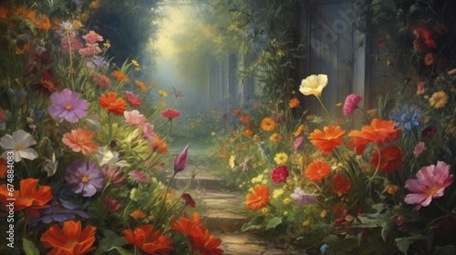 Lush garden scene with vibrant blooms © Gefo