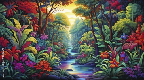 Lush tropical jungle with vibrant tones