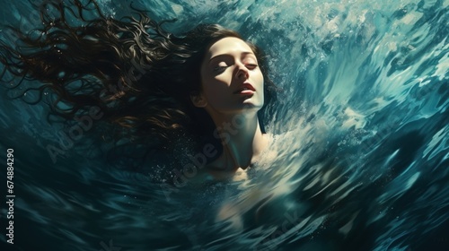 A woman floating in the water with her hair blowing in the wind © Maria Starus