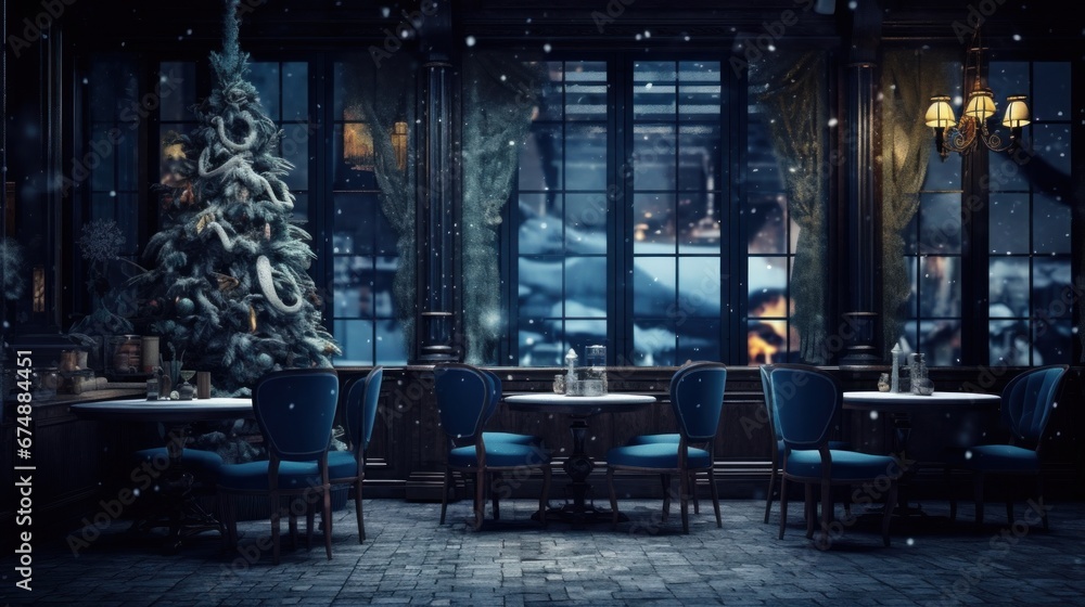 A dining room with a christmas tree in the window