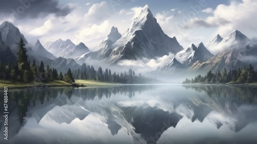 Serene mountain lake with mirror reflection