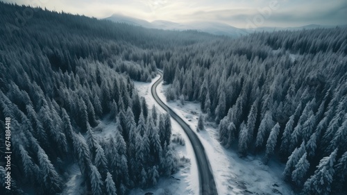 winding, snow-covered forest roads seen from a top-down perspective, the serenity and the enchanting beauty of this winter landscape. © lililia
