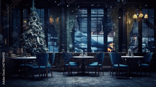 A dining room with a christmas tree in the window