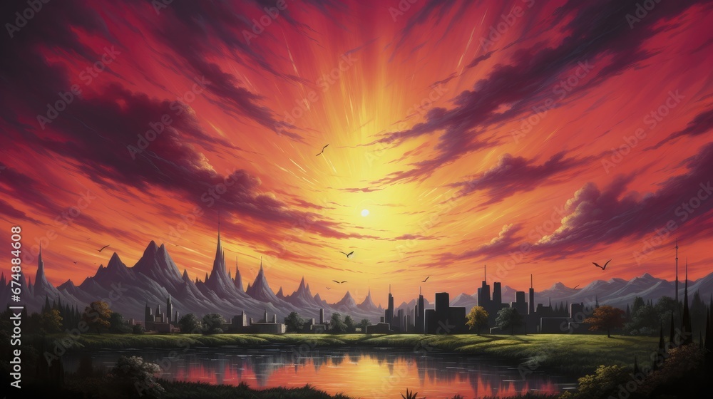 Fototapeta premium Vivid sunset over a silhouetted skyline
